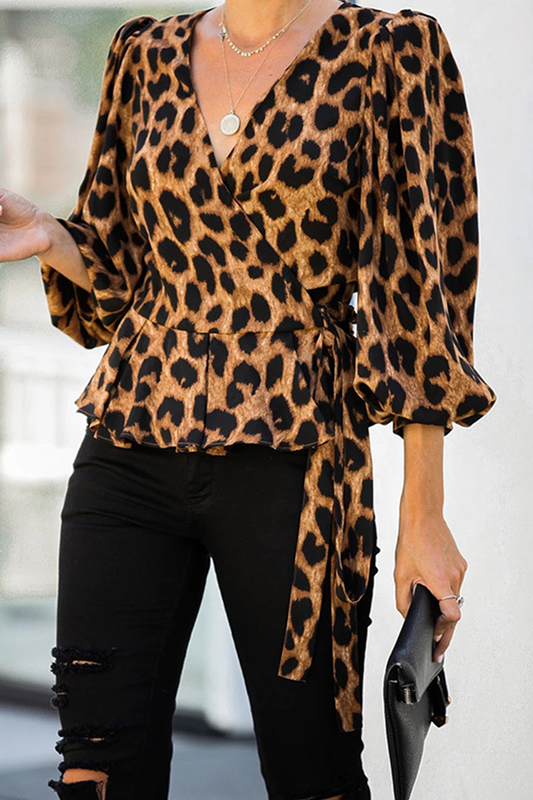 Fashion Elegant Leopard Flounce Strap Design V Neck Tops(3 Colors)