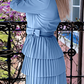 Elegant Solid Patchwork With Belt Turndown Collar Pleated Dresses