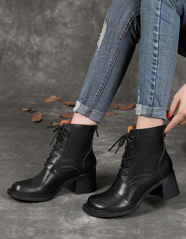 Real Leather Lace-up Chunky Heels Ankle Boots