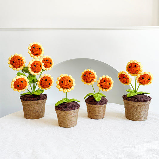 1pc Handmade Crochet Smiley Sunflower - Woven Yarn Potted Plant
