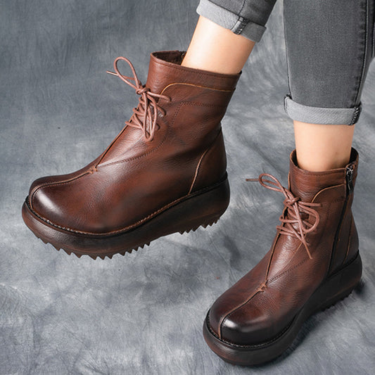 Retro Leather Velvet Platform Boots