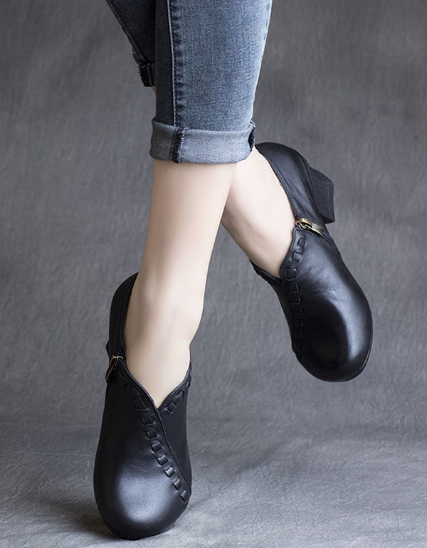 Spring Retro Leather Chunky Heel Shoes