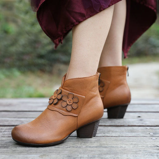 Retro Flower Chunky Short Boots | Gift Shoes