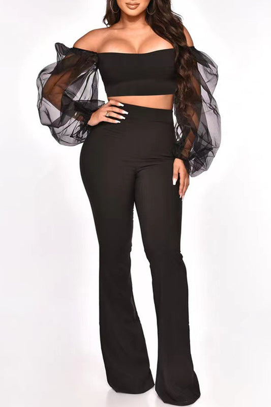 Black Fashion Sexy Solid Patchwork See-through Off the Shoulder Long Sleeve Two Pieces