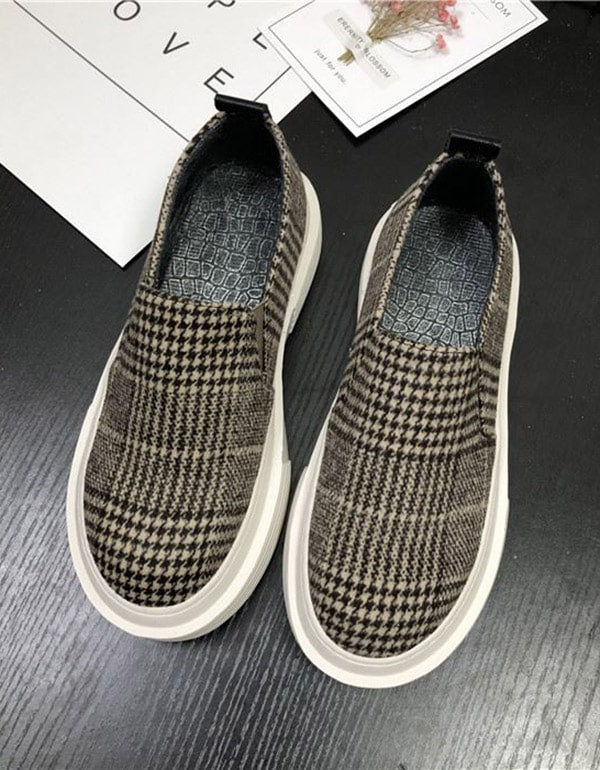 Spring Round Head Flat-heeled Plaid Casual Sneakers