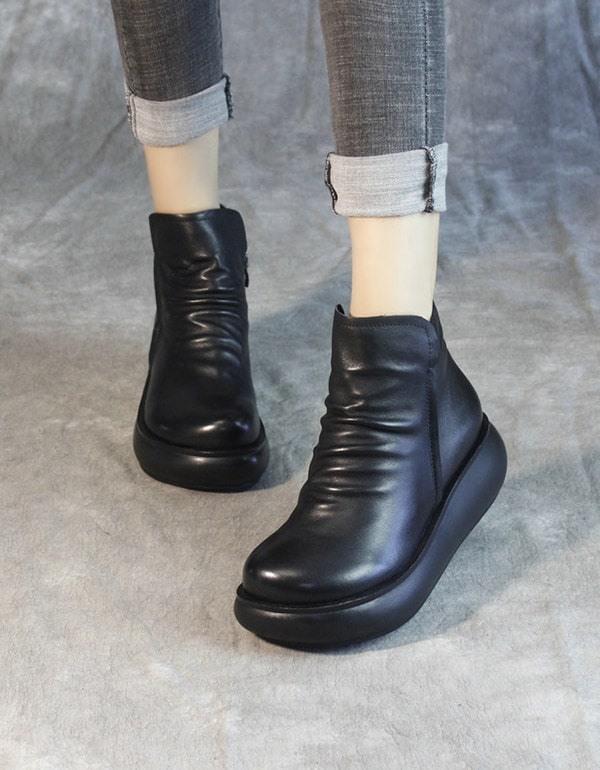 Retro Leather Plush Womens Wedge Boots