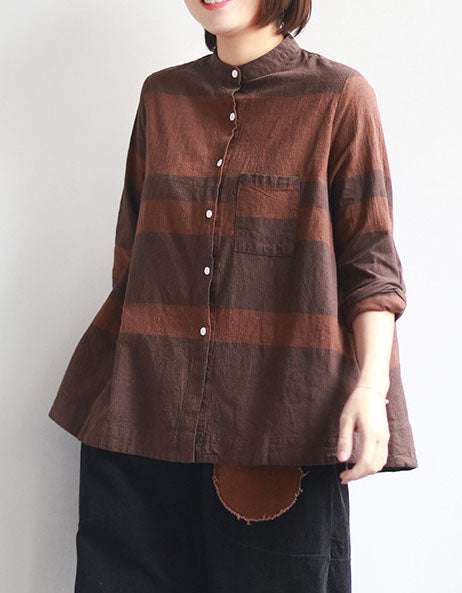 Striped Stand Collar Loose Long-sleeved Shirt