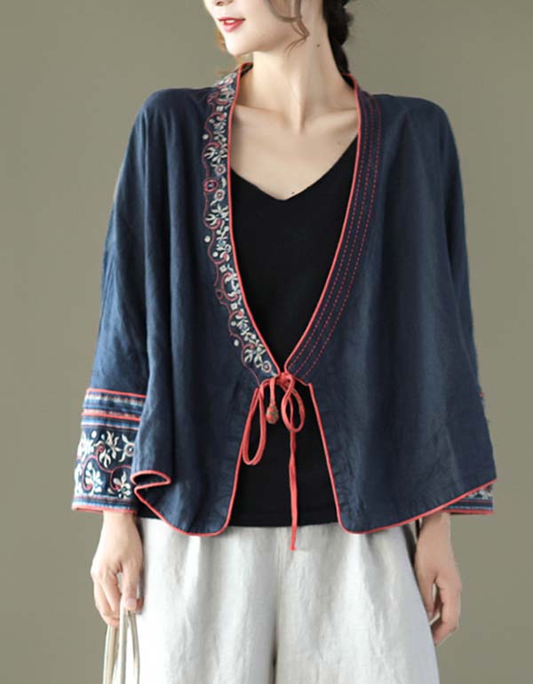 Retro Embroidered Short Linen Cardigan Long-sleeved