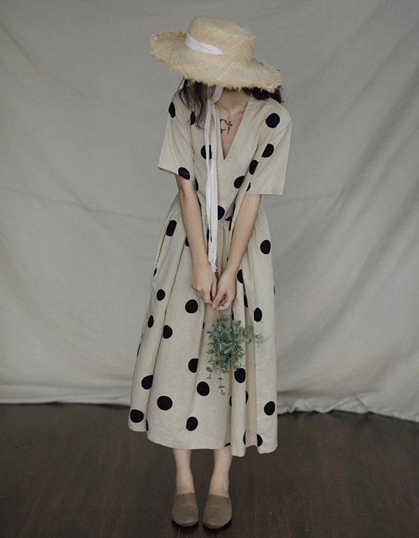 Short-sleeved Polka Dot Loose Linen Dress