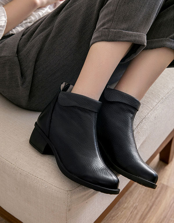 Retro Leather Chunky Heel Women's Boots