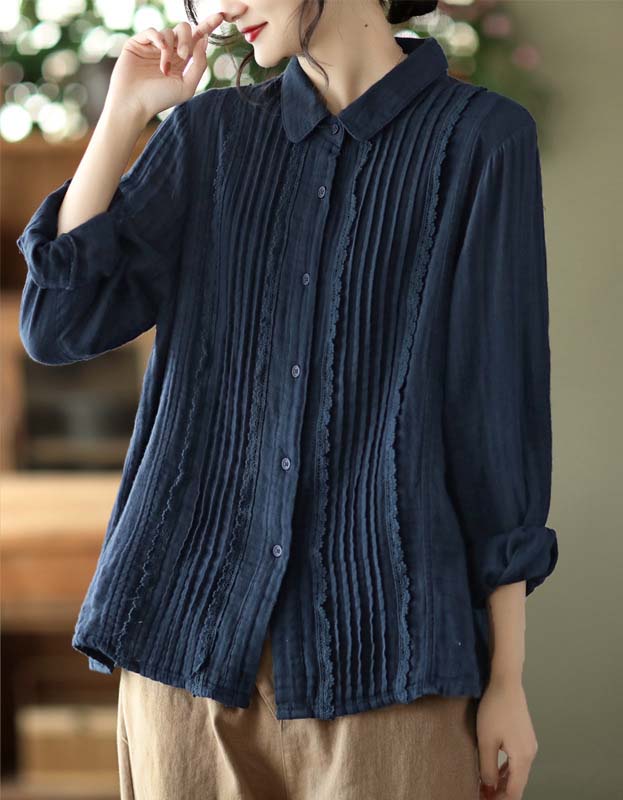 Spring Long Sleeve Pleated Lace Linen Shirt