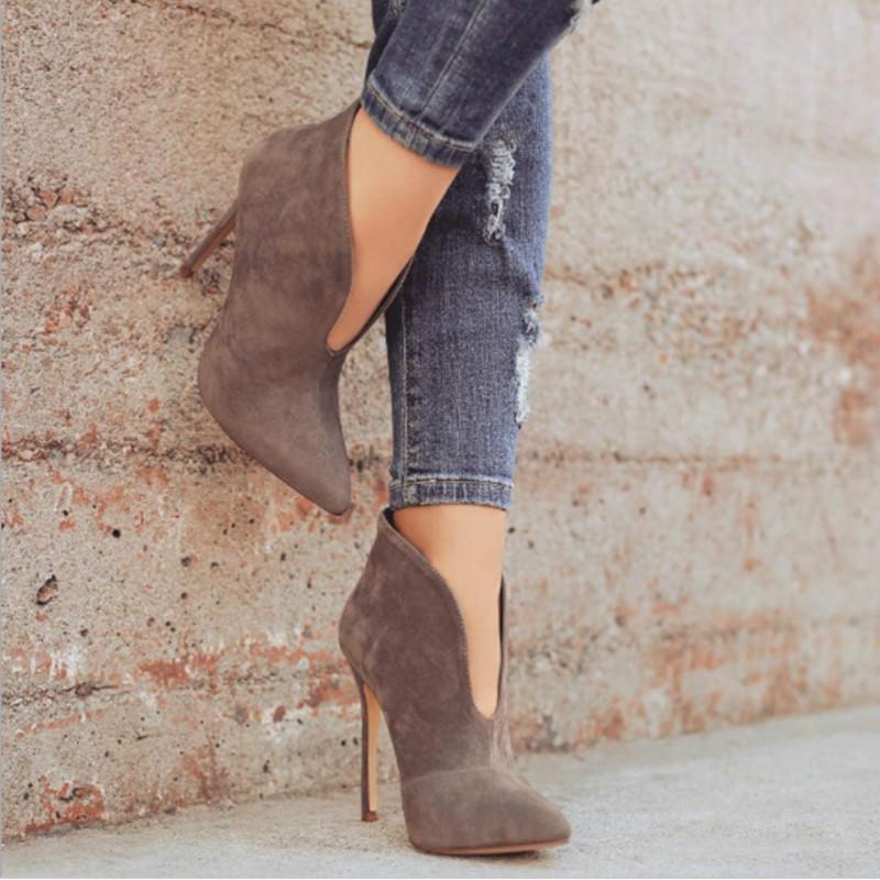Ankle Boots Pointed Toe V Shape Cut Suede Pumps**