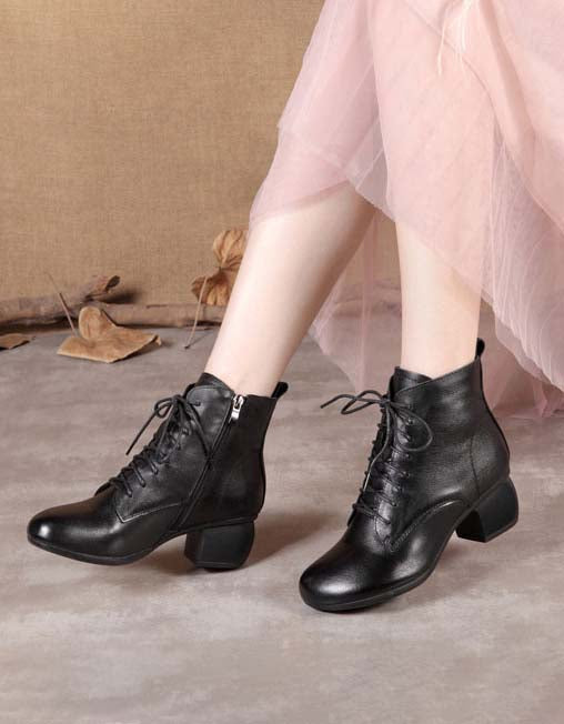 Retro Leather Lace-up Chunky Heels Boots