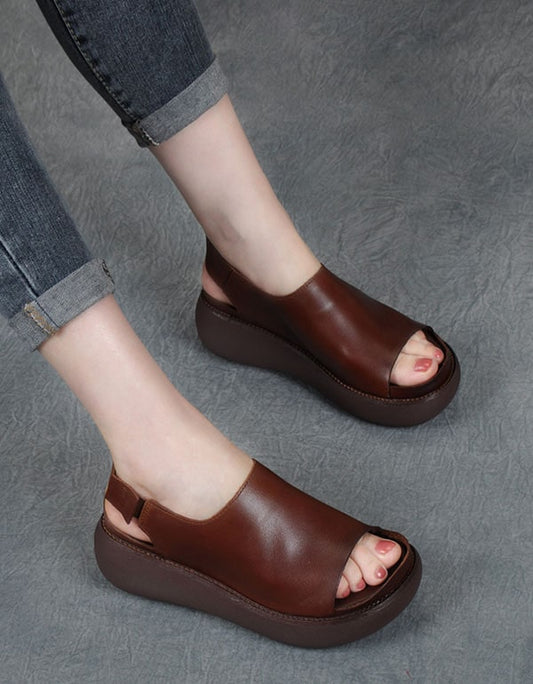 Summer Retro Leather Open Toe Wedge Heel Sandals