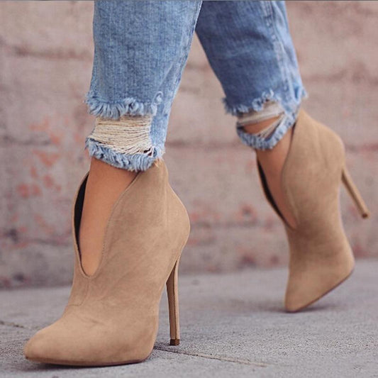 Ankle Boots Pointed Toe V Shape Cut Suede Pumps**