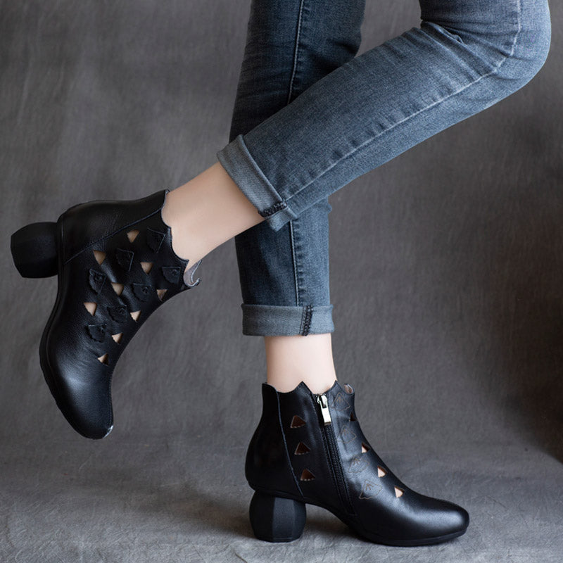 Spring Retro Leather Hollow Women Chunky Boots