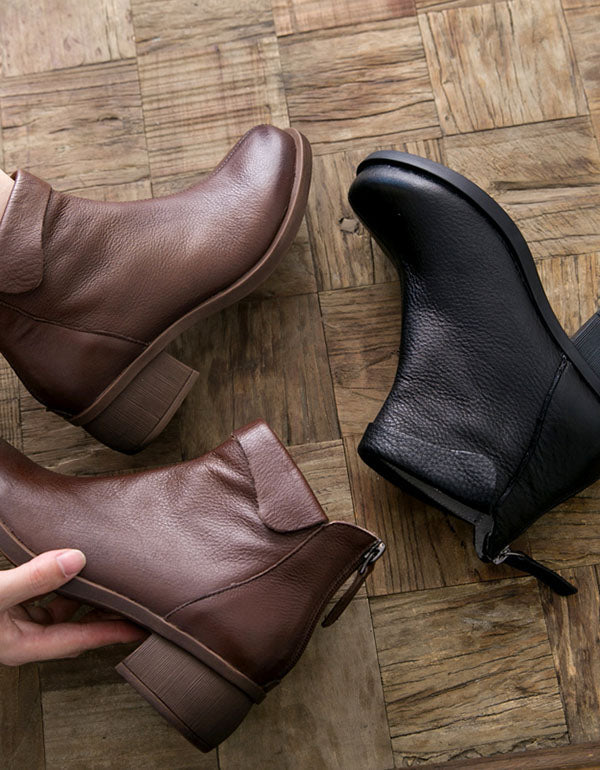 Retro Leather Chunky Heel Women's Boots