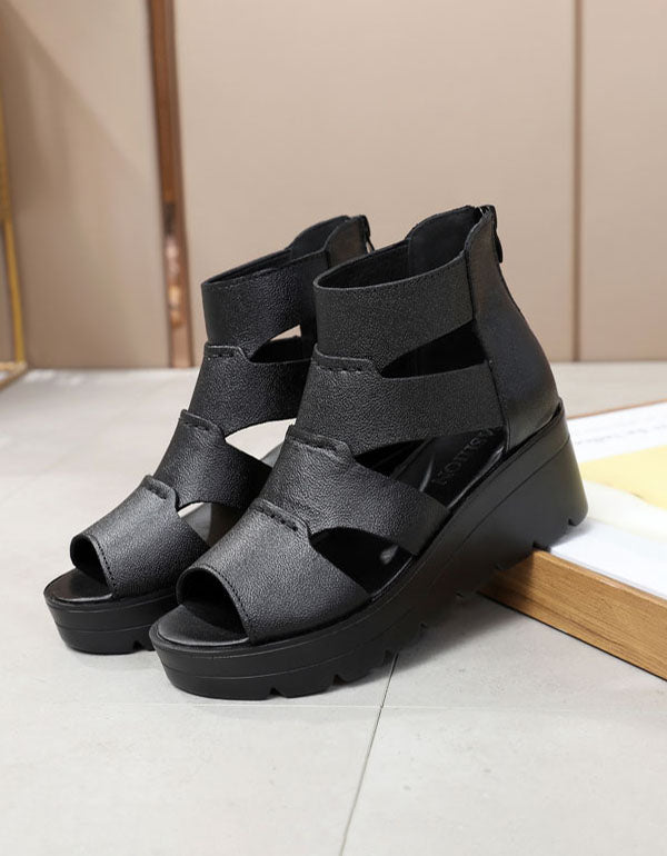 Summer Leather Sandals Wedge Heels Black