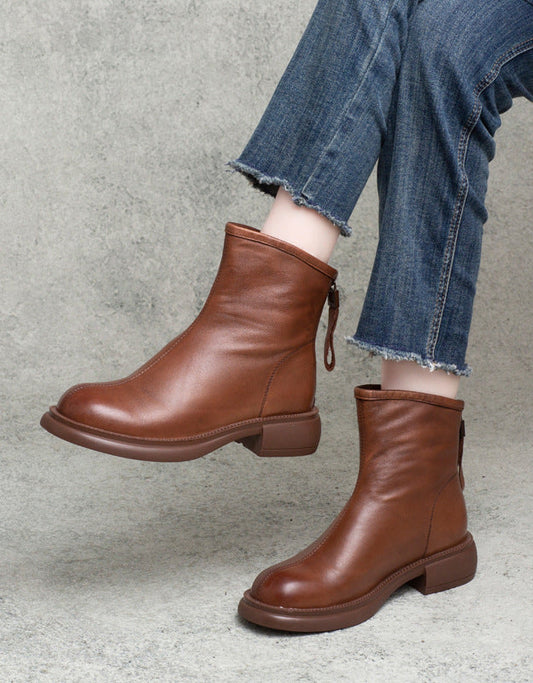 Round Toe Back Zip Autumn Ankle Boots