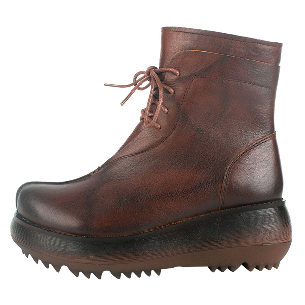 Retro Leather Velvet Platform Boots