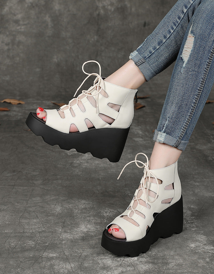 Summer Front Lace-up Fish-toe Wedge Sandals