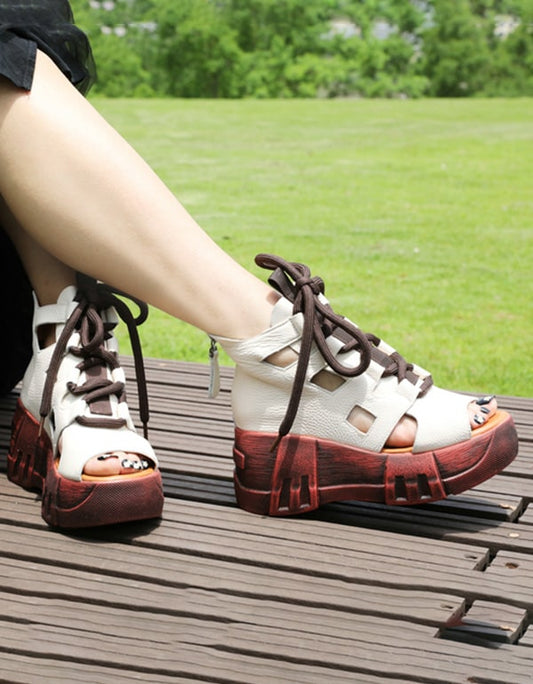 Summer Lace-up Cut-out Retro Platform Sandals