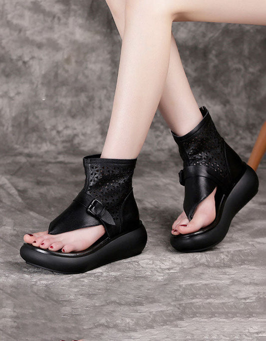 Retro Leather Flip Flop Ankle Wedge Sandals
