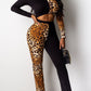 Black Sexy Leopard Patchwork O Neck Long Sleeve Two Pieces