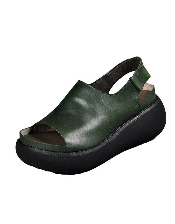 Summer Retro Leather Open Toe Wedge Heel Sandals