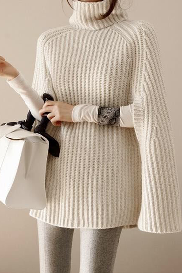 Casual Street Solid Split Joint Turtleneck Tops Sweater (Without Belt)(4 colors)