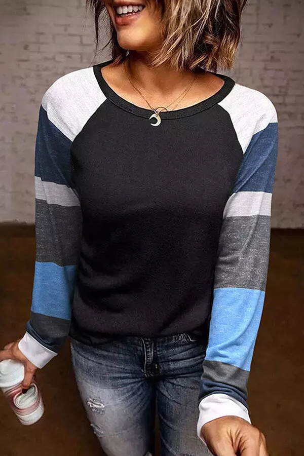 Casual Striped Split Joint Contrast O Neck Tops