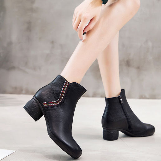 Retro Leather Soft Bottom Chunky Boots
