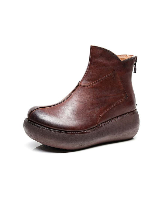 Retro Leather Plush Winter Wedge Boots