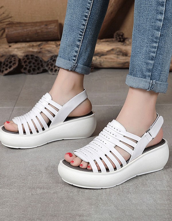 Retro Leather Summer Straps Wedge Sandals Slingback