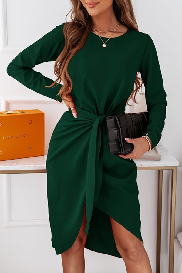 Fashion Elegant With Belt Asymmetrical O Neck Long Sleeve Dresses(3 Colors)