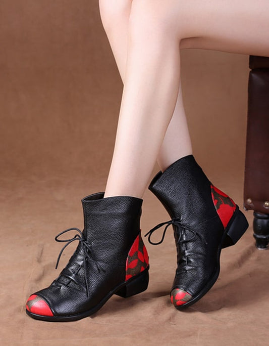 Retro Ethnic Style Printed Leather Chunky Boots