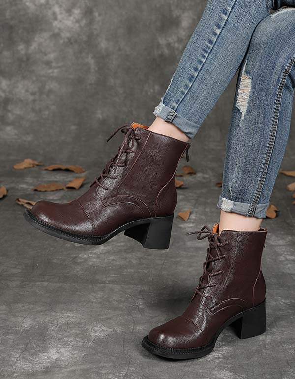 Real Leather Lace-up Chunky Heels Ankle Boots