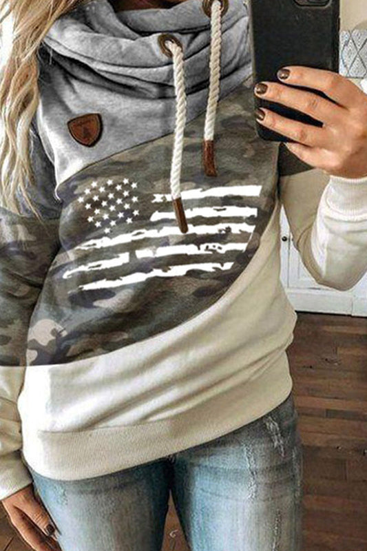 Fashion British Style Print Patchwork Hooded Collar Tops