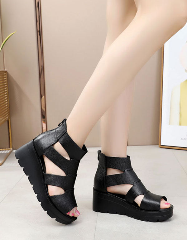 Summer Leather Sandals Wedge Heels Black