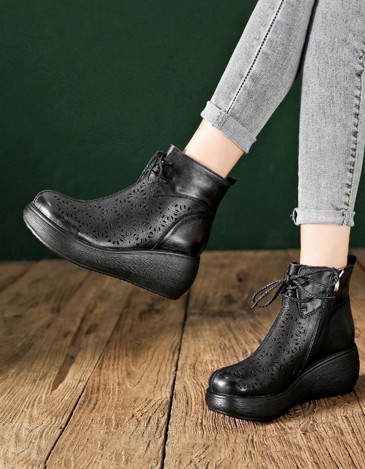 Retro Leather Hollow Lace up Wedge Boots Black