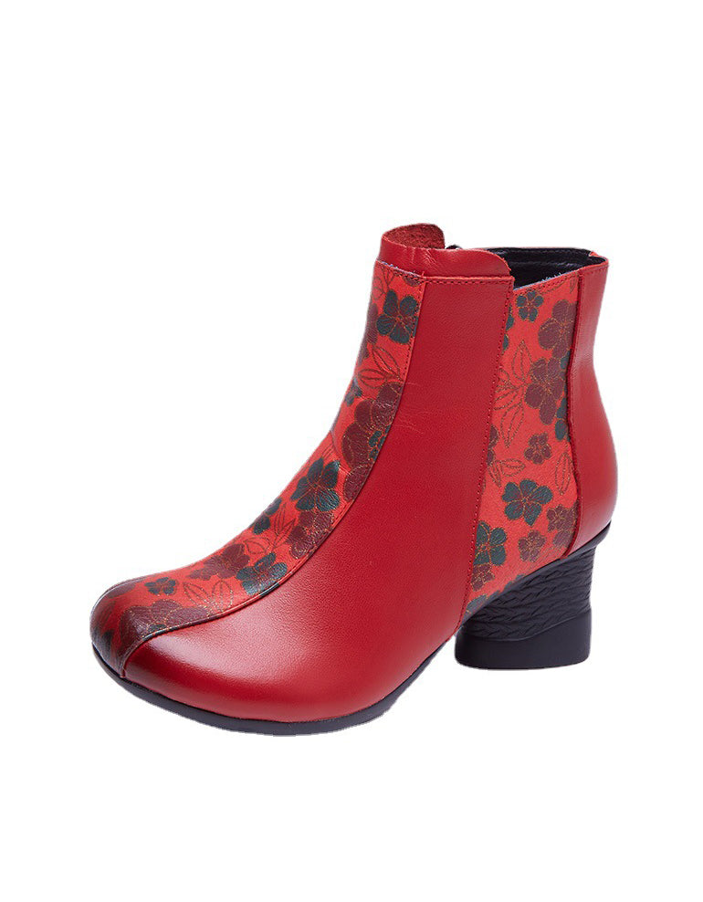 Retro Leather Flower Printing Chunky Boots