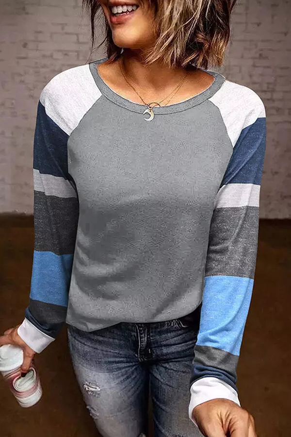Casual Striped Split Joint Contrast O Neck Tops