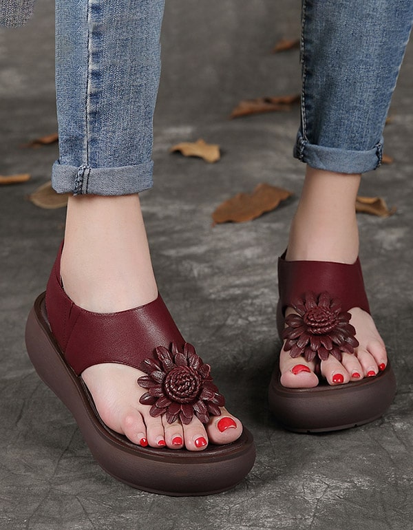 Retro Leather Summer Flip-Flop Wedge Sandals