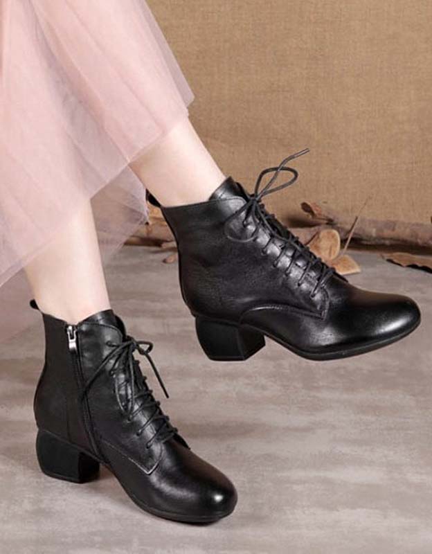 Retro Leather Lace-up Chunky Heels Boots
