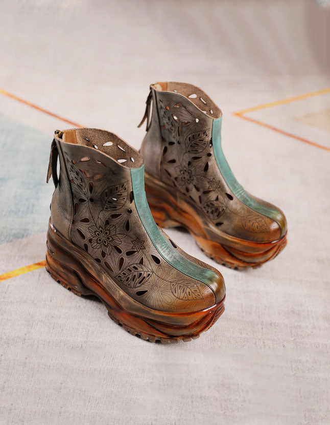 Real Leather Handmade Retro Hollow Platform Boots 41