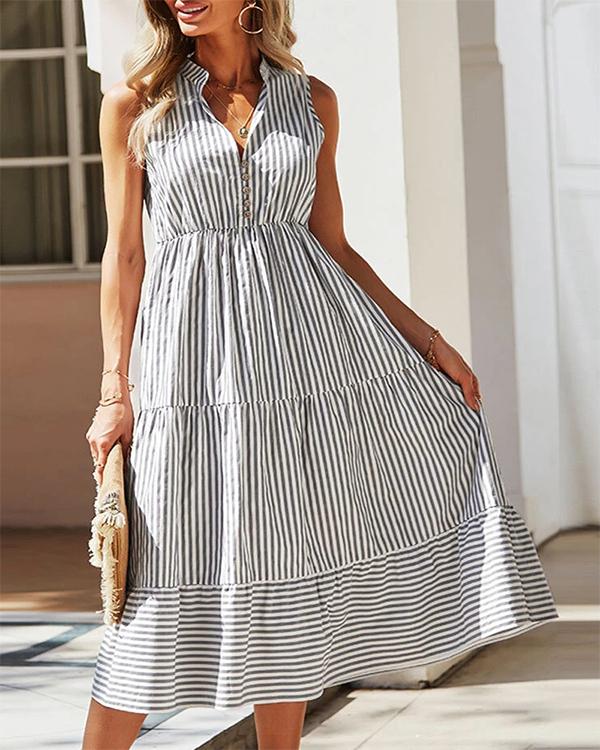 Stripe Print V-neck Button Sleeveless Casual Dress For Women**