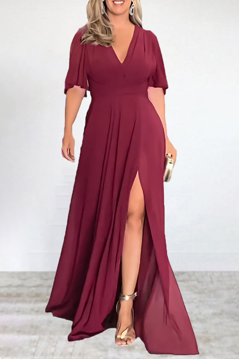 Elegant Solid Slit V Neck A Line Dresses