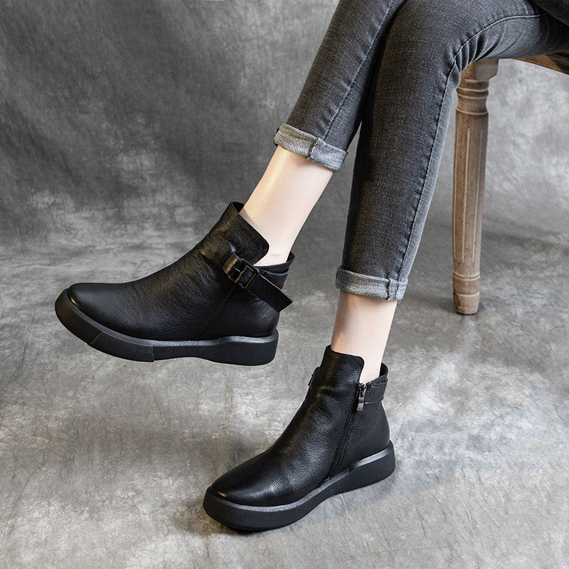 Women's Retro Leather Black Ankle Boots 35-42