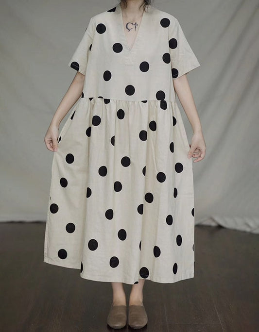 Short-sleeved Polka Dot Loose Linen Dress