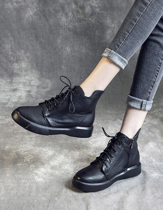 Retro Leather British Style Black Short Boots